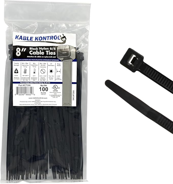 Kable Kontrol Cable Zip Ties 100 Pcs 8 Inch Black, 50 Lbs Tensile Strength by KABLEKONTROL%C2%AE