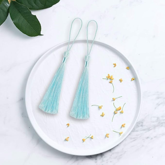 VAPKER 100 Pieces Ice Blue Silky Handmade Soft Tassels 13cm/5-Inch - Image 4