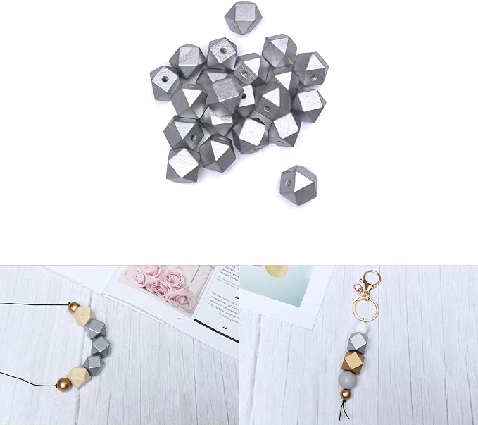 Silver Geometric Wooden Beads 20mm Polygon Wooden Spacer Beads - Image 2