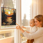 Rectangle Vintage Sunset in The Forest Stained Glass Window Hanging, Suncatcher - Image 5