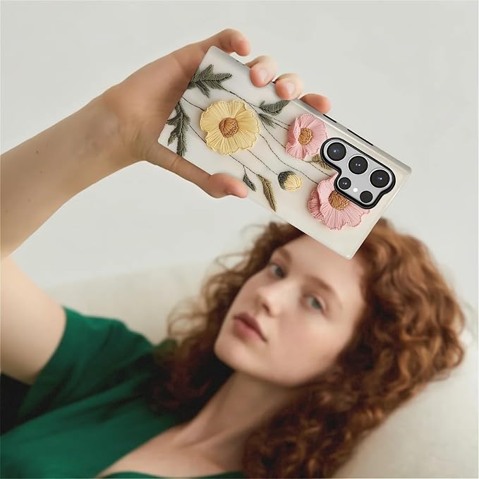 Case for Samsung Galaxy S24 Ultra Case, Faux Embroidery Boho Floral Design - Image 7