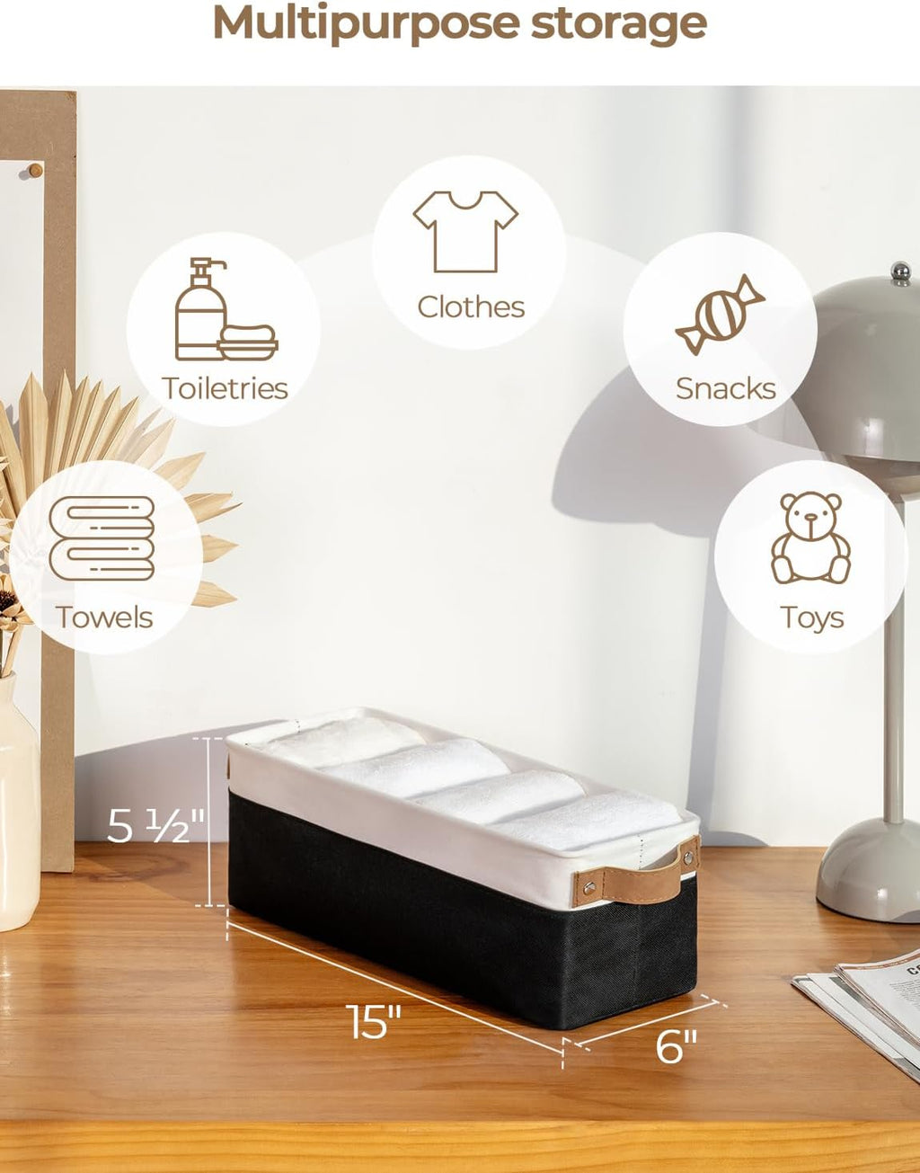 StorageWorks Narrow Storage Bins, Small Basket for Closet and Shelves, Fabric Organizer with Handles, Toilet Paper Storage, Black and White, 2-Pack