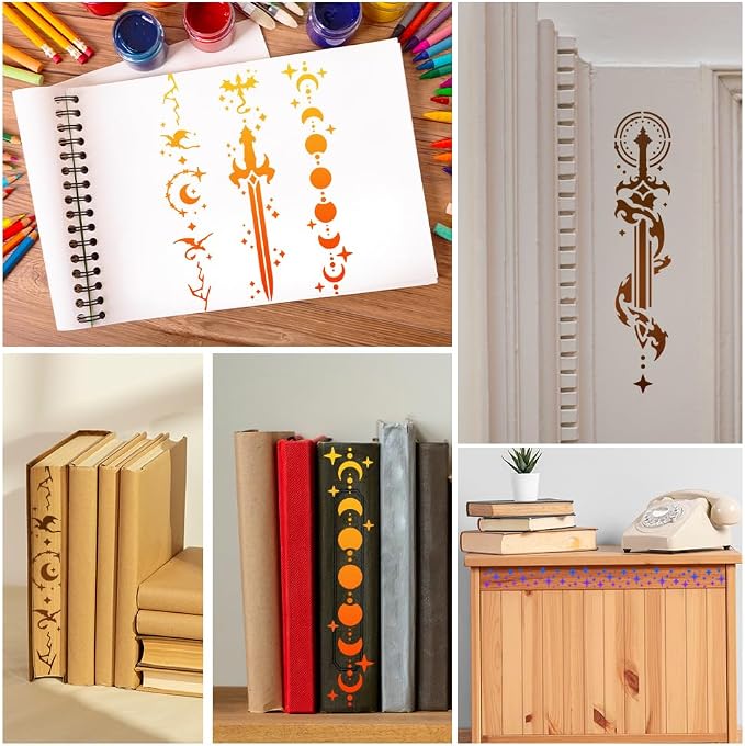 8Pcs Book Edge Stencils for Painting, 11.8"x 2.9" Reusable Dragon Sword Star - Image 5
