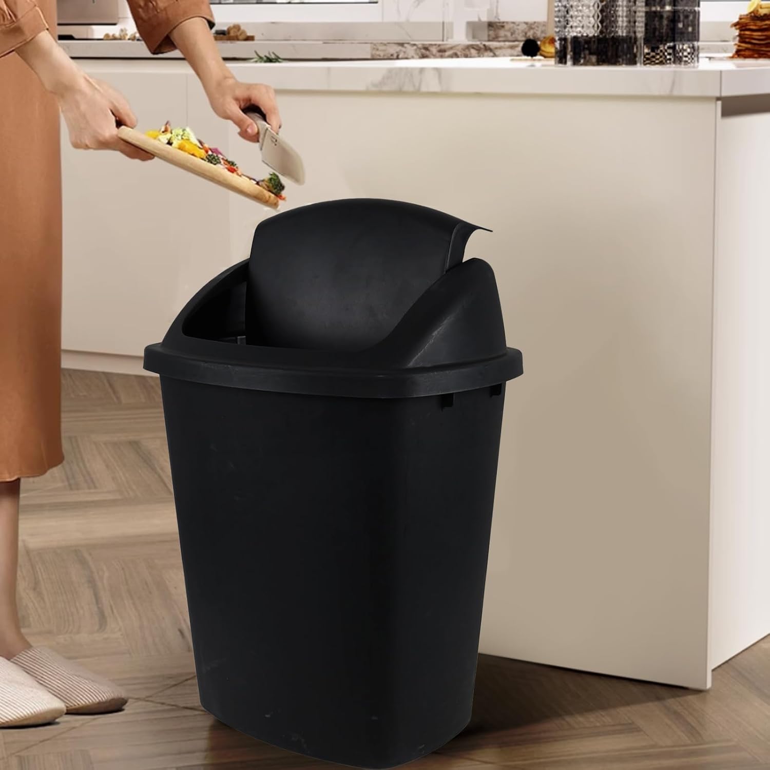 10 Gallon Black Swing Top Trash Cans, Pack of 4 Plastic Waste Bin for Kitchen Office