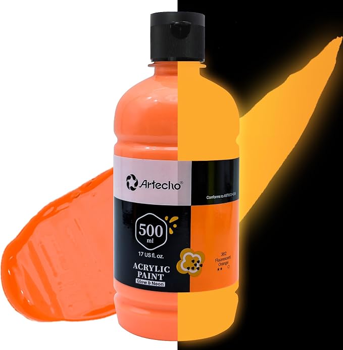 Artecho Orange Glow in the Dark Acrylic Paint 500ml / 17oz Large Bottle | Semi by Artecho