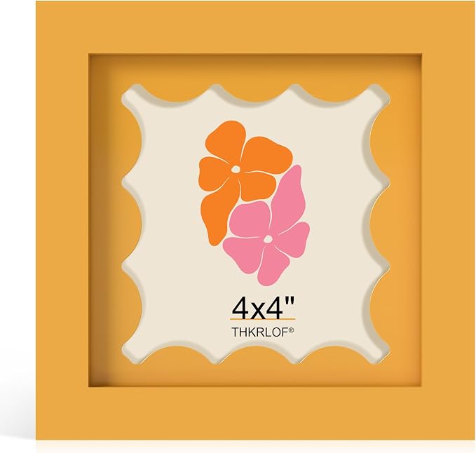 4x4 Picture Frame with Real Glass, Wooden cute 4 x 4 Photo Frame with Wavy Mat by THKRLOF