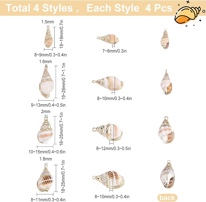 SUNNYCLUE 1 Box 16Pcs 4 Style Ocean Beach Spiral Seashells Craft Charms - Image 2