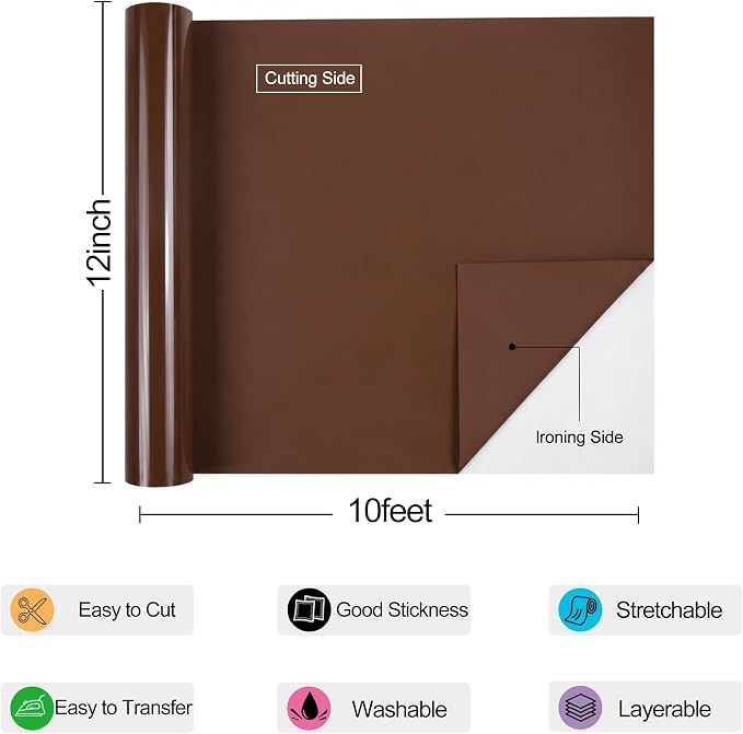 guangyintong Heat Transfer Vinyl Rolls 12" x 10ft, PU Chocolate HTV Vinyl - Image 2
