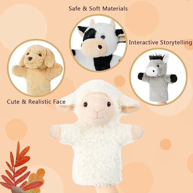 4 PCS 11'' Farm Animal Hand Puppet Set Soft Realistic Plush Puppets Toys Sheep - Image 3
