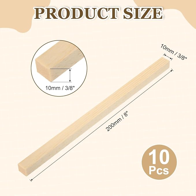 MECCANIXITY 10Pcs Wood Strips Slats, 3/8" x 3/8" x 8" Thin Wood Sticks Flat - Image 2