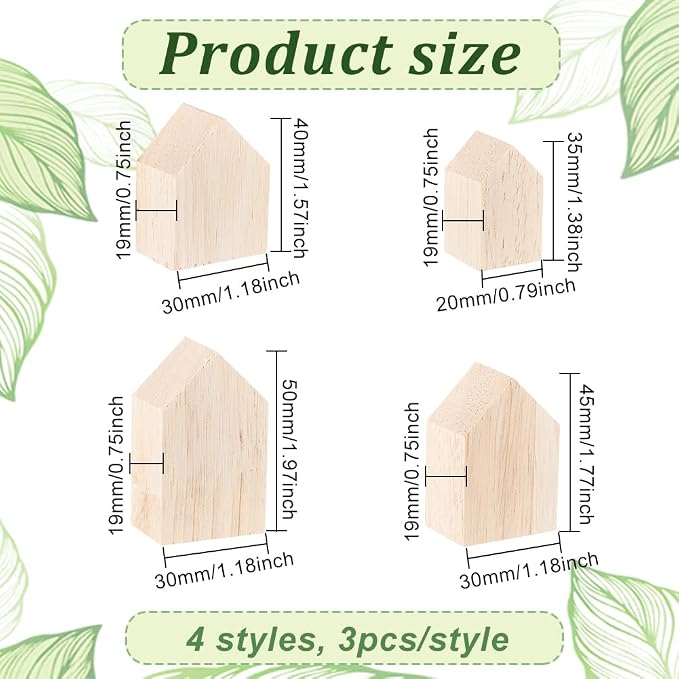OLYCRAFT 12Pcs 4Sizes Unfinished Wood House Shaped Blocks Arrow Shape Wooden - Image 2