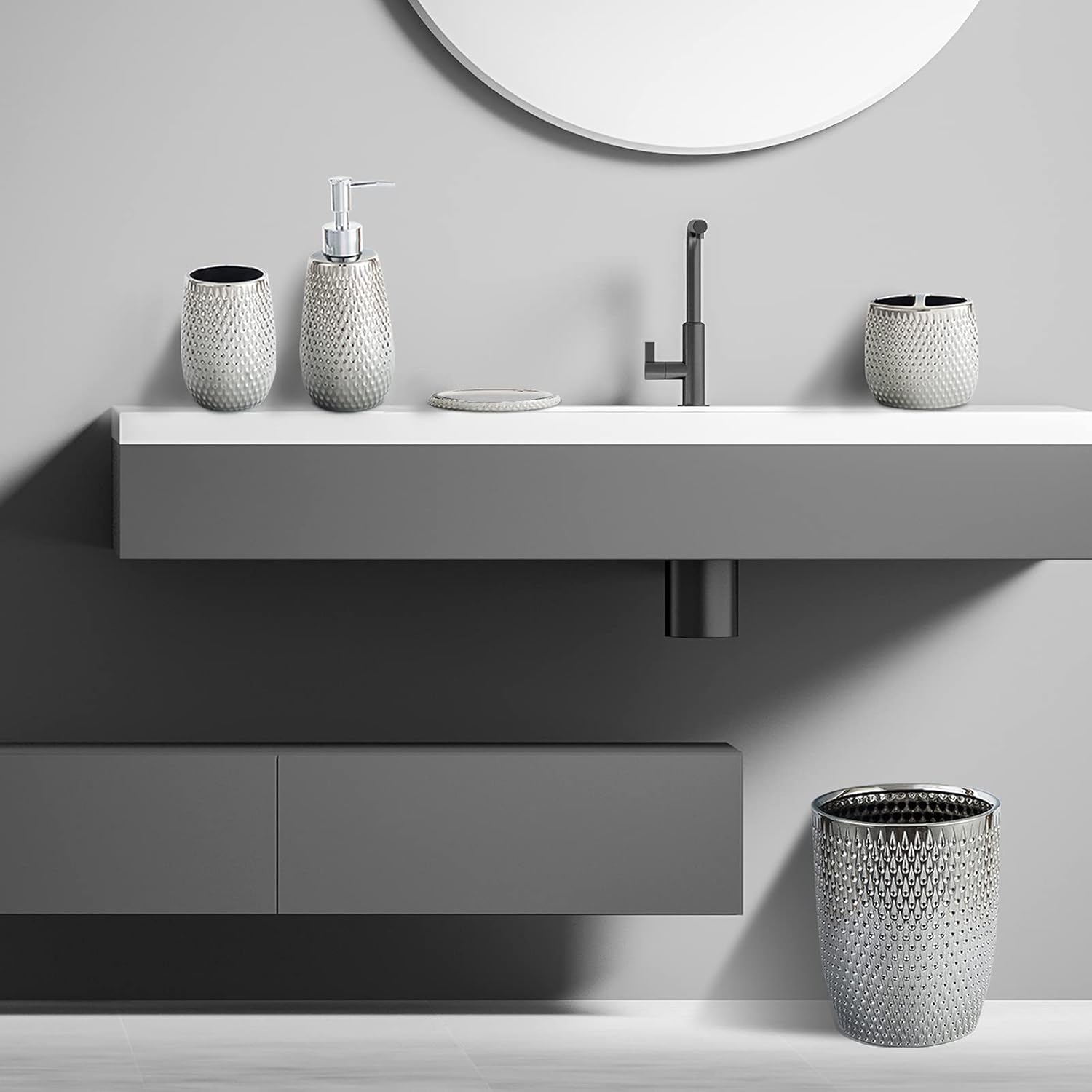 Modern Round Silver Small Trash Can Wastebasket, Garbage Container Bin for Bathrooms, Powder Rooms, Kitchens, Home Offices - Durable Ceramics - Round