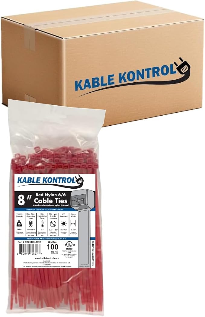 Kable Kontrol Red Zip Ties 8 Inch 10, 50 Lbs Tensile Strength, Bulk Pack by KABLEKONTROL%C2%AE