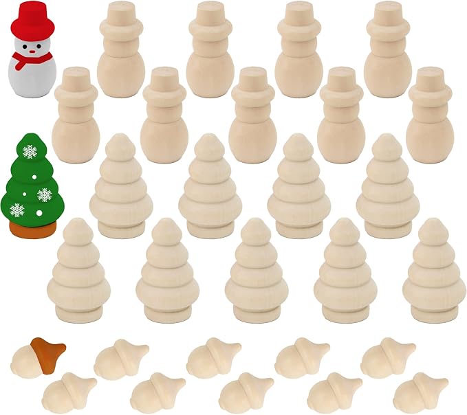 30Pcs Unfinished Wooden Set, Snowman Dolls Craft Christmas Tree Acorns Blank by Luckforest