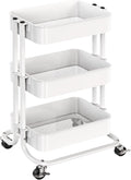 Pipishell 3 Tier Metal Rolling Utility Cart, Heavy-Duty Storage Rolling Cart with 2 Lockable Wheels, Multifunctional Mesh Organization Utility Cart for Kitchen Dining Room Living Room (White)