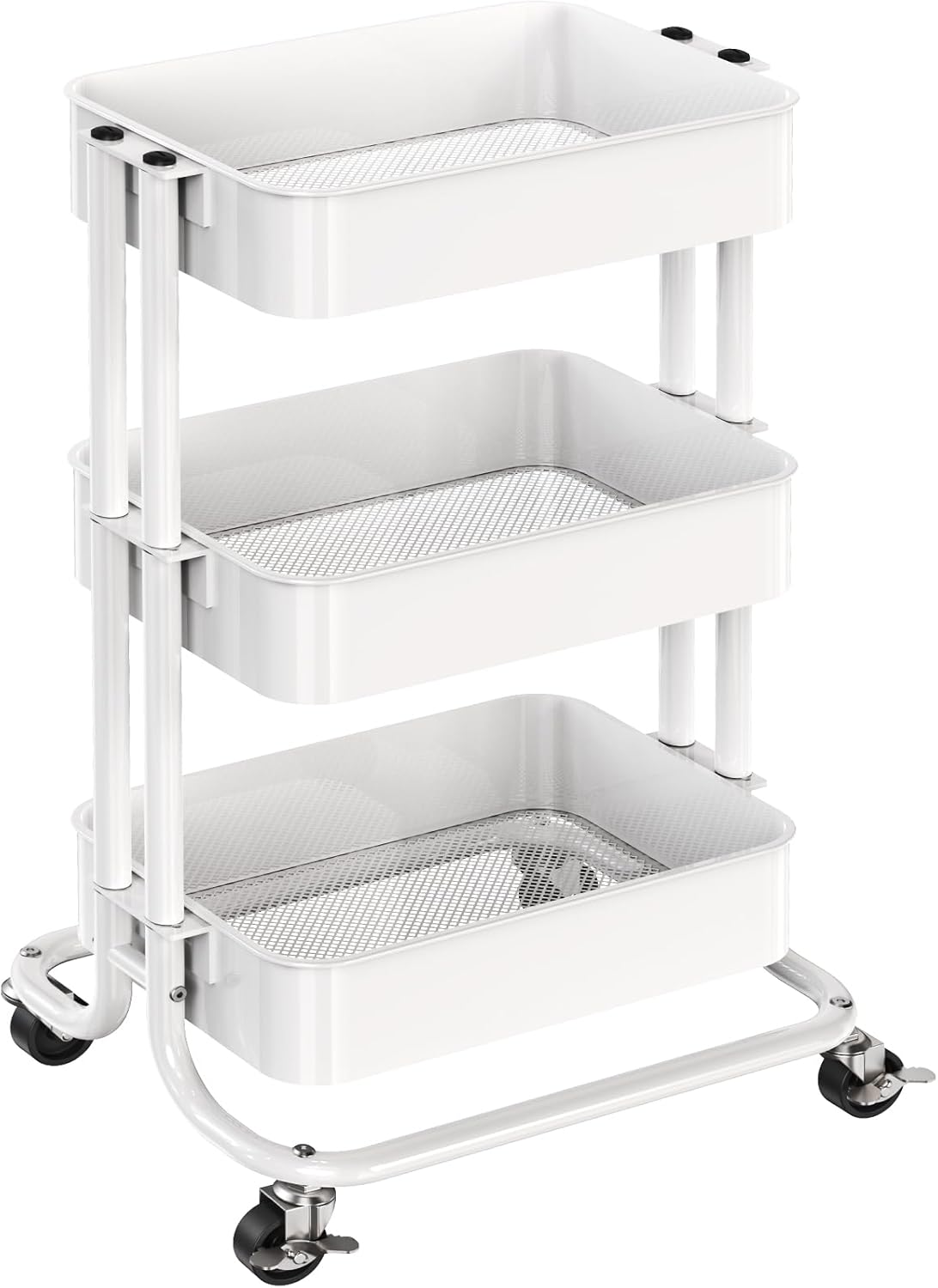 Pipishell 3 Tier Metal Rolling Utility Cart, Heavy-Duty Storage Rolling Cart with 2 Lockable Wheels, Multifunctional Mesh Organization Utility Cart for Kitchen Dining Room Living Room (White)
