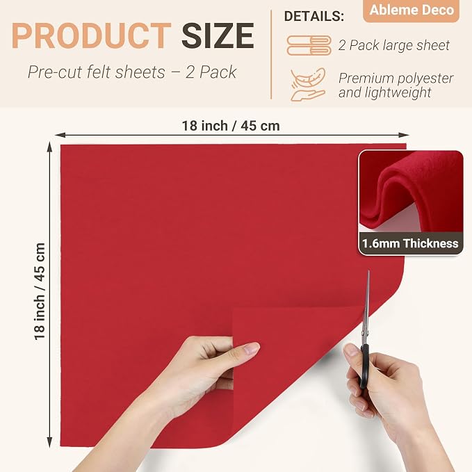 Red Felt Fabric Sheets 18" x 18" 1.6mm Soft Craft Felt Squares | Soft Precut - Image 2