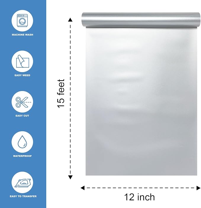 Silver Heat Transfer Vinyl HTV Roll Matte PU 12" x 15 ft. | Easy to Cut - Image 2