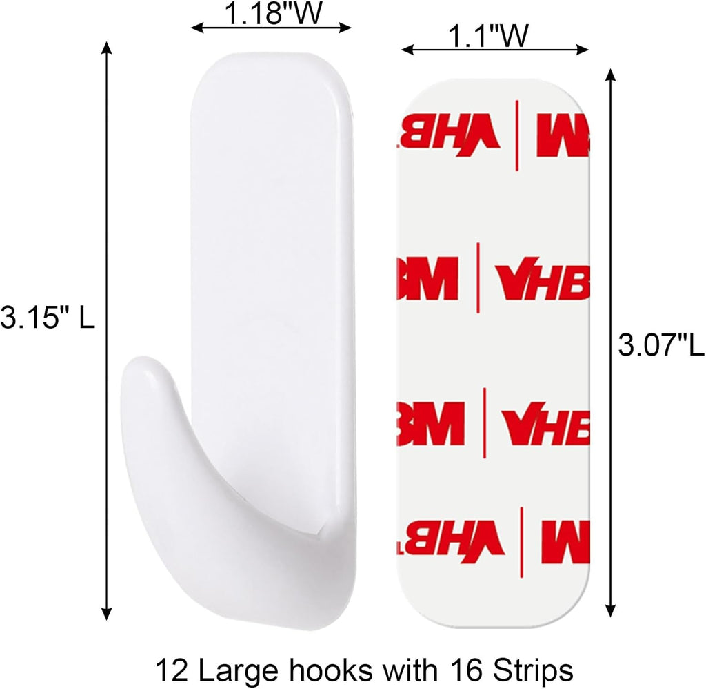 Wall Hooks for Hanging Heavy Duty, Large 12 Self Adhesive Wall with 16 Strips no Damage, Sticky for Key, Shower,Towel, Coat, Door, Hat