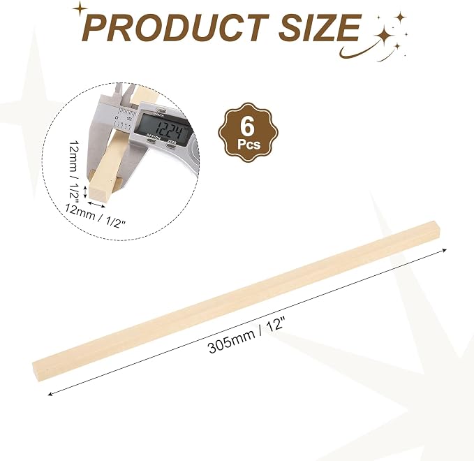 MECCANIXITY 6Pcs Basswood Sticks, 9/16" x 9/16" x 12" Square Wooden Dowel Rods - Image 2