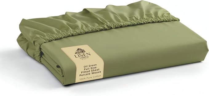 Linen Home 100% Cotton Percale Weave Fitted Sheet, Full Size, Oil Green by LINENHOME