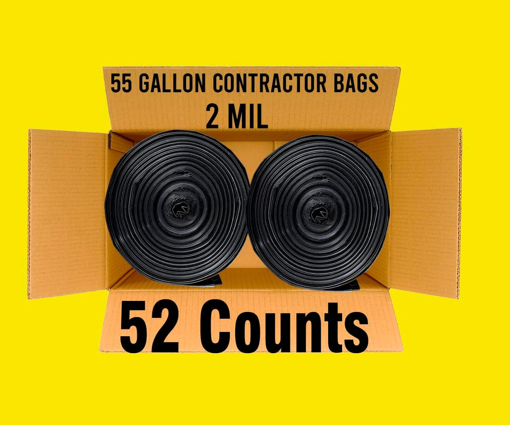Contractor Heavy Duty Trash Bags 55 Gallon | 52 Count | 2 MIL | 36" X 56" | Large Black Flap Tie Construction Garbage Bags for Business Home Commercial, Industrial, Storage, Outdoor