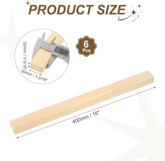 MECCANIXITY 6Pcs Basswood Sticks, 1.2" x 0.8" x 16" Square Wooden Dowel Rods - Image 2