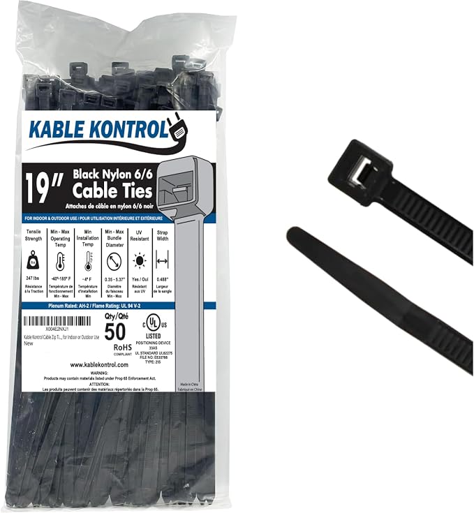 Kable Kontrol Cable Zip Ties Black 50 Pcs 19 Inch, 250 Lbs Tensile Strength by KABLEKONTROL%C2%AE