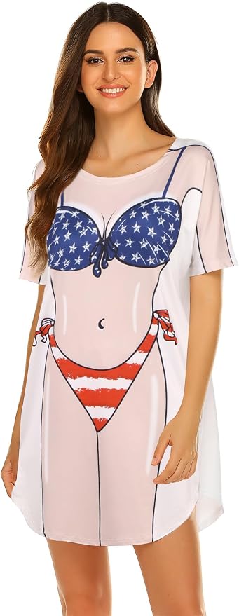 Ekouaer Women's Bikini Shirt Cover Up Short Sleeve Cute Bikini Print Cover-Up - Image 4