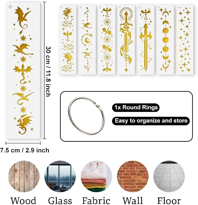 8Pcs Book Edge Stencils for Painting, 11.8"x 2.9" Reusable Dragon Sword Star - Image 2
