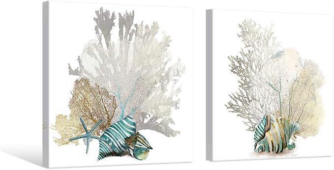 JAPO ART White Coral Wall Art Beach Bathroom Decor Sea Shell Pictures Coastal - Image 2