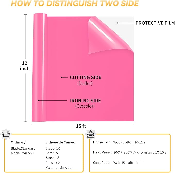 VinylRus Heat Transfer Vinyl-12” x 15FT Fluorescent Pink Iron on Vinyl Roll - Image 2