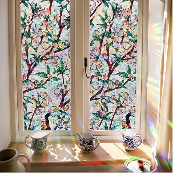 Retro Flowers Window Privacy Film, Magnolia Stained Glass Decorative Window Film by Unknown