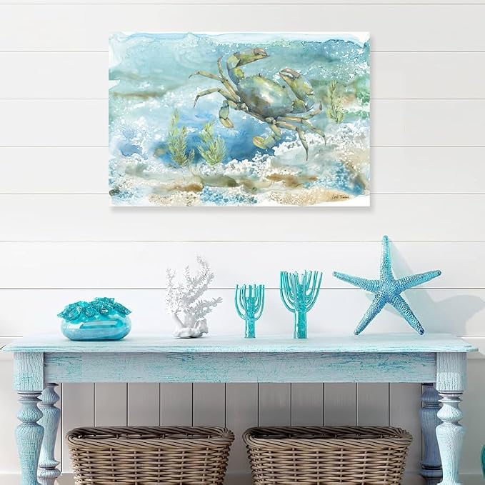 Nautical Wall Decor Green Crab Canvas Painting Ocean Bathroom Decor Sea Grass - Image 3