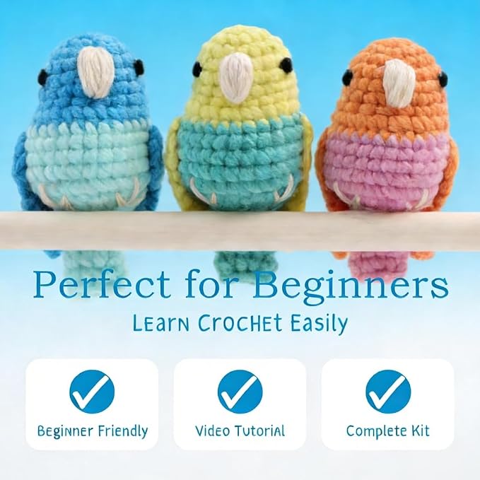 HOUSE CREATIVITY Crochet Kit for Beginners, Make 3 Mini Budgie Birds, Amigurumi - Image 4