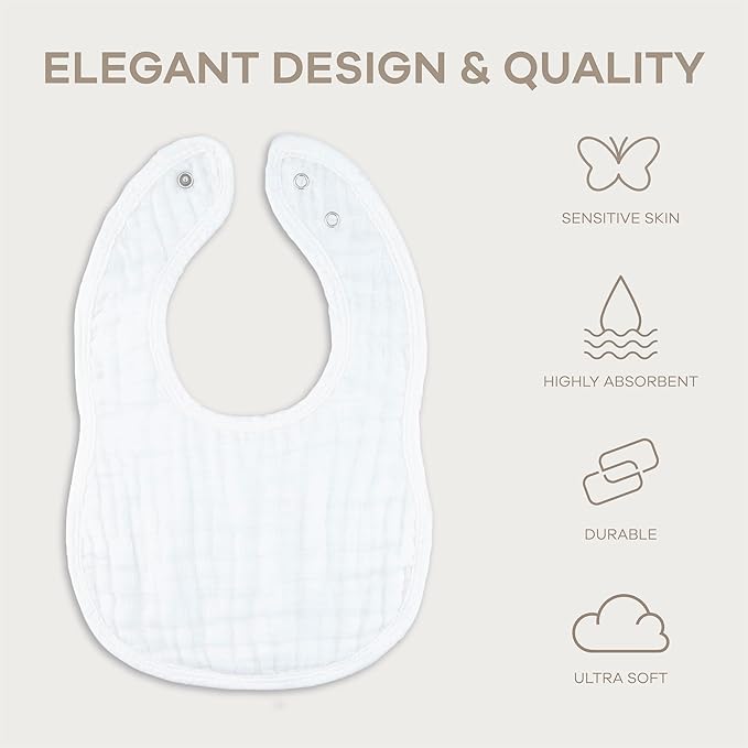 Comfy Cubs Muslin Bibs for Babies, Pack of 8 - Soft and Highly Absorbent, Feeding, Drool and Teething Bib, Adjustable Snaps - Stylish & Colorful Unisex Designs, Giftable Set - White