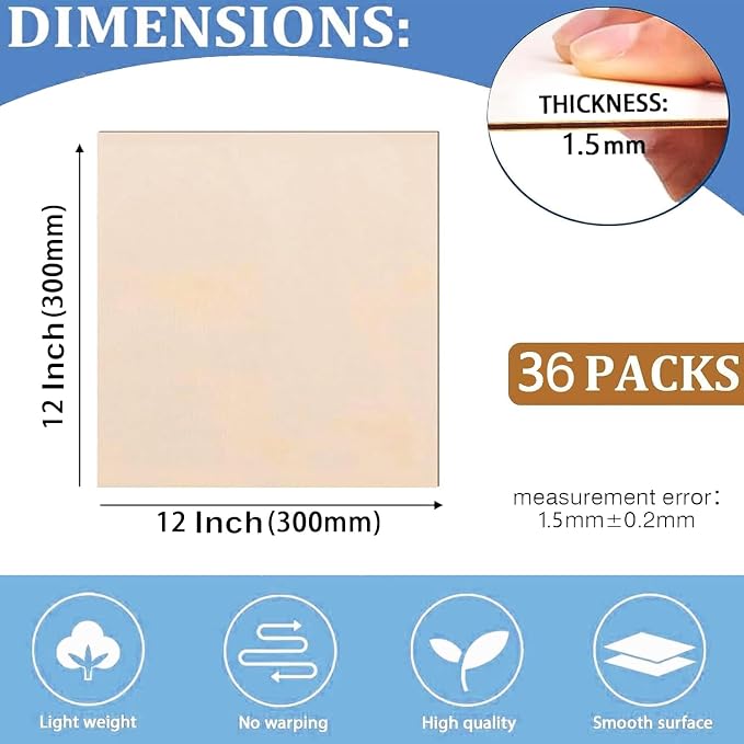 36 Pack Basswood Sheets for Crafts 12x12x1/16 Inch, 1.5mm Thick Unfinished - Image 2