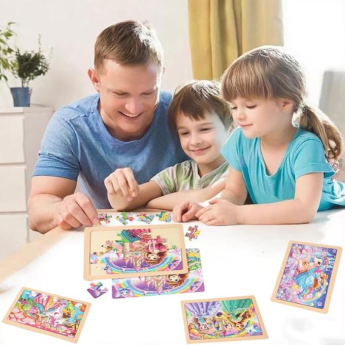 jWooden Puzzle for Kids 4-6 Years Old, 4 Pack of 24 Pieces Unicorn Princess - Image 6