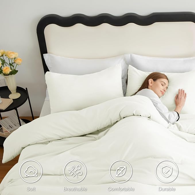 CozyLux Full Size Comforter Set Ivory, 3 Pieces Solid Breathable Quilted - Image 5