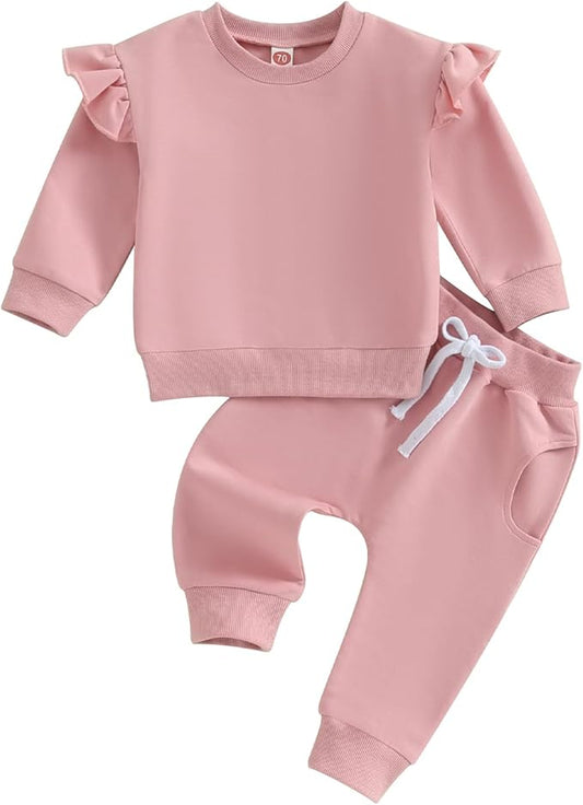 Fernvia Toddler Baby Girl Clothes 3 6 9 12 18 24 Months Fall Outfits Solid Long Sleeve Sweatshirt Tops + Pants Set