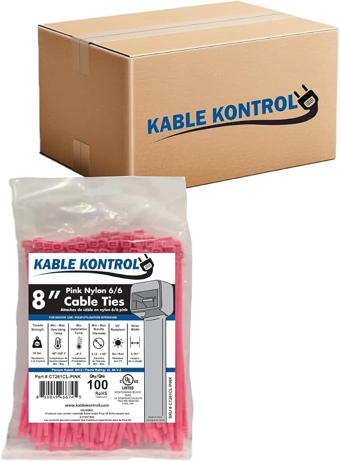 Kable Kontrol Pink Zip Ties 8 Inch 10, 50 Lbs Tensile Strength, Bulk Pack by KABLEKONTROL%C2%AE