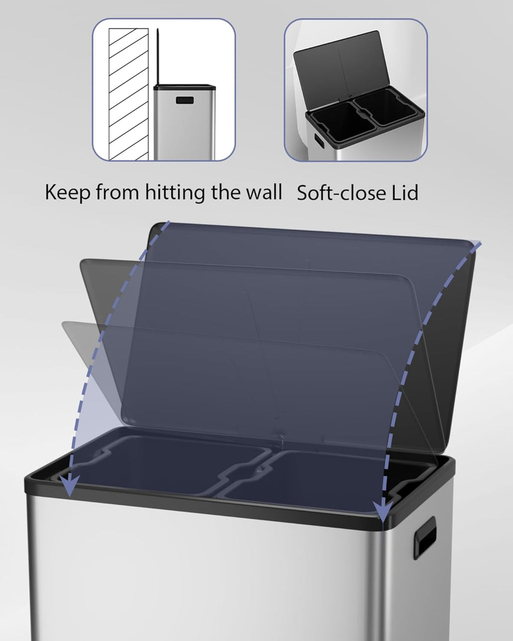 Garvee Dual Trash Can for Recycling and Trash, 2 x 30 L (60 L) Stainless Steel Kitchen Trash Can with Lid and Foot Pedal, Double Compartment Garbage Can, with Recycling Bin, 2 x 8 Gallon