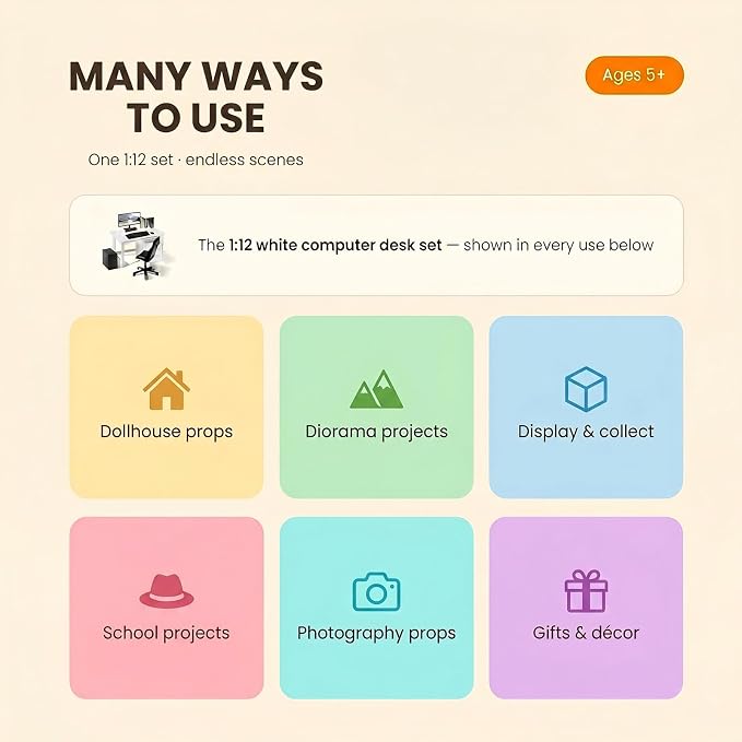 1:12 Scale Miniature Computer Desk & Chair Set – Dollhouse Office Furniture - Image 7