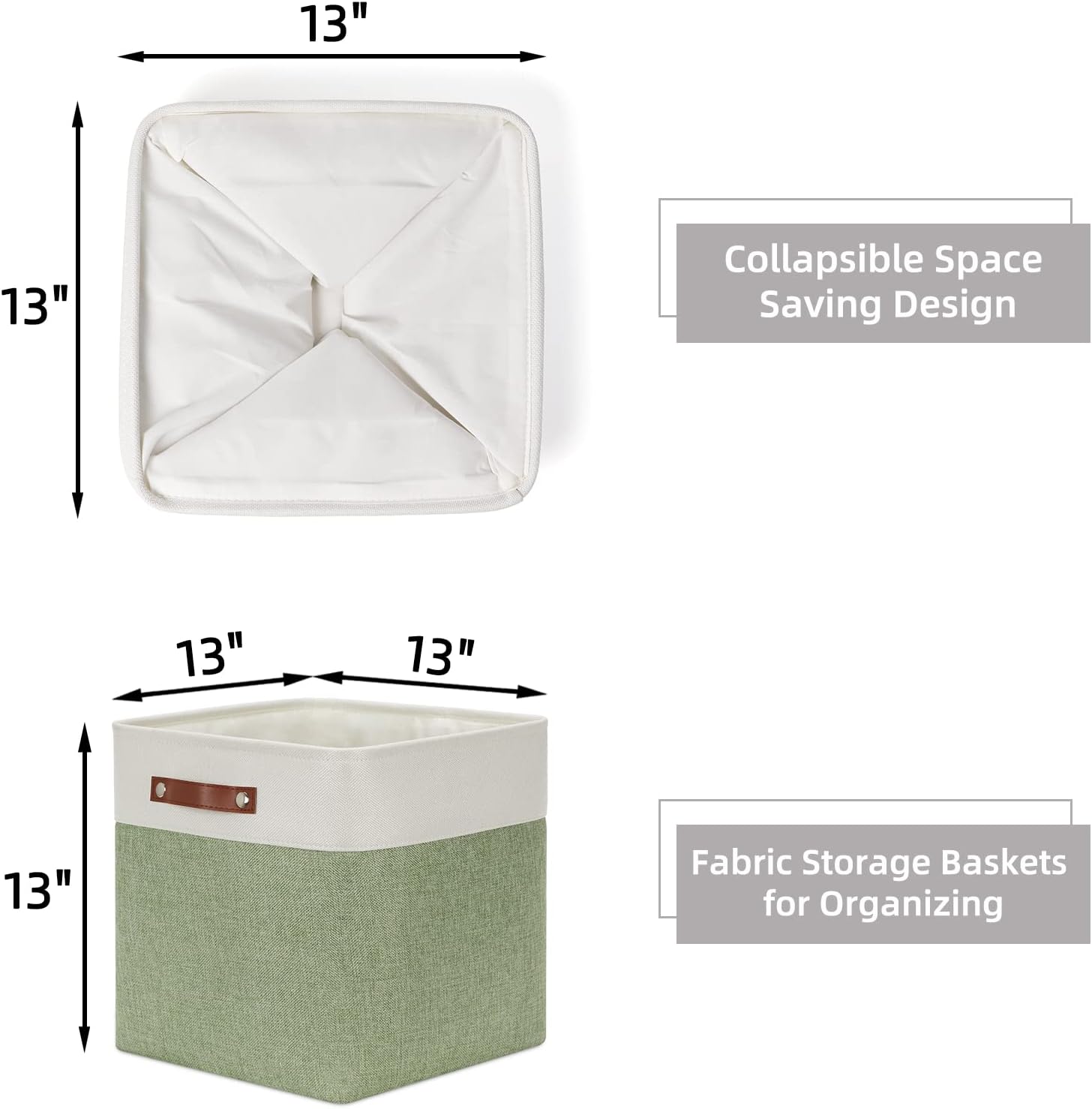 HNZIGE Foldable Storage Cubes & Baskets (3 Pack) - 13 Inch Storage Bin with Leather Handles for Toys, Clothes, Kids (White & Green)