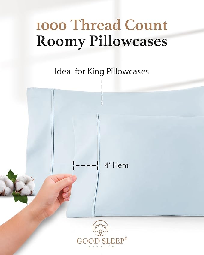 1000 TC Light Blue King Pillowcases Set of 4 100% Egyptian Cotton Pillow Cases - Image 3