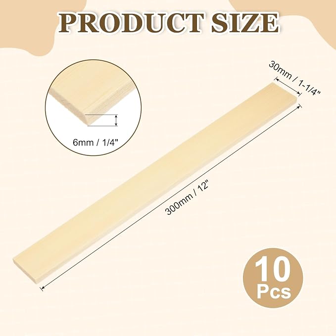 MECCANIXITY 10Pcs Wood Strips Slats, 1/4" x 1‑1/4" x 12" Thin Wood Sticks Flat - Image 2
