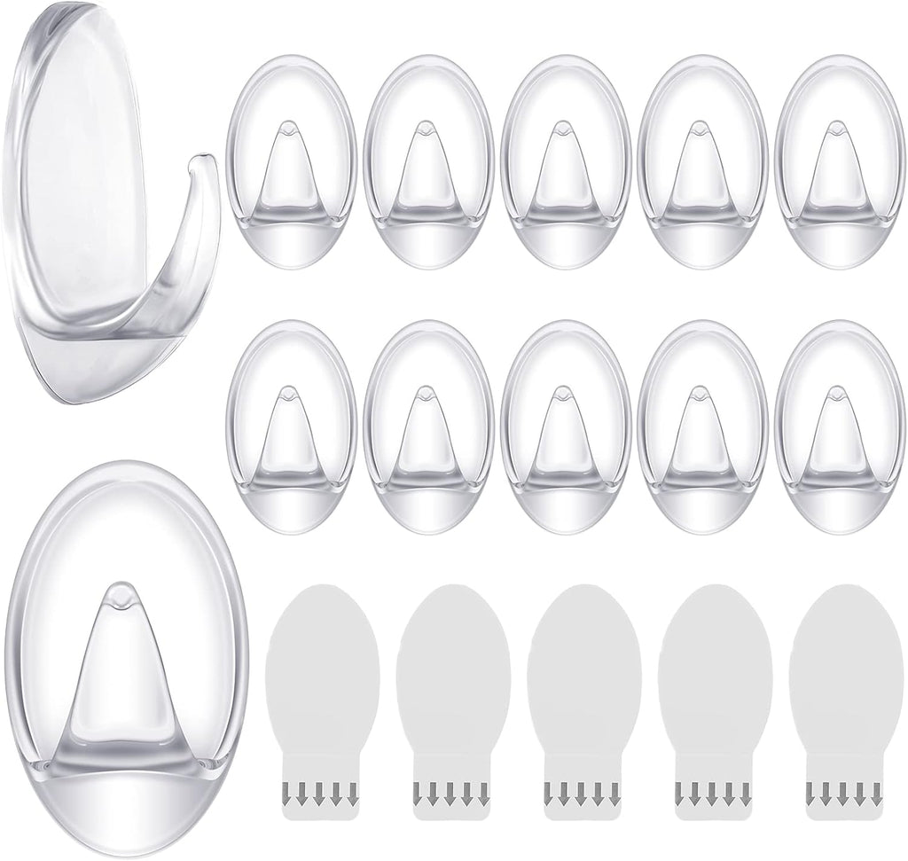 Blulu 12 Pcs Clear Adhesive Hooks for Hanging Wall Hooks Heavy Duty 22 lb Max No Damage Waterproof Transparent Hook with 15 Pcs Self-Adhesive Tapes for Home Bathroom Kitchen Office Wall