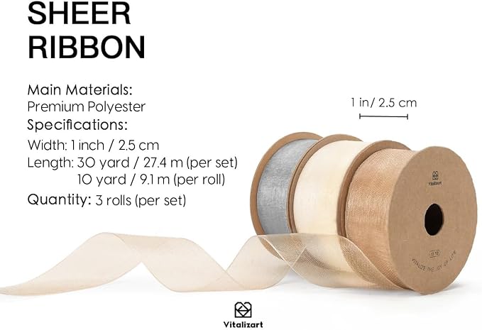 Vitalizart Organza Sheer Ribbon 1 inch x 30 Yd Cream White Rose Gold & Silver - Image 2
