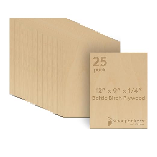 Baltic Birch Plywood, 6 mm 1/4 x 12 x 9 Inch Craft Wood, Box of 25 B/BB Grade by Woodpeckers