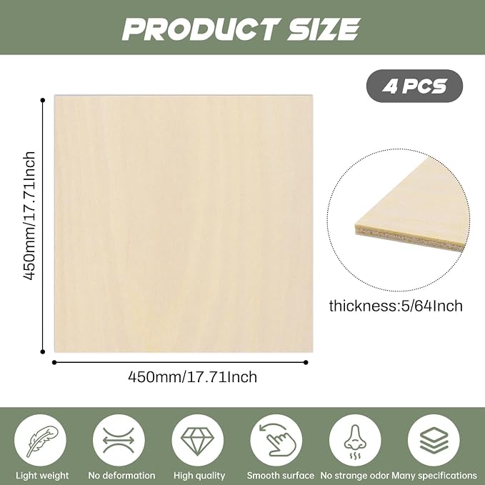 4 Pack Plywood Sheets, 17.1" x 17.1"x 5/64" Basswood Sheets | 2mm Basswood - Image 2
